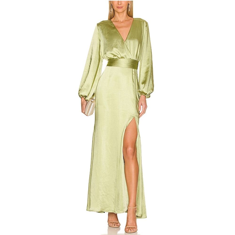Elliatt Lime Green Satin V-Neck Long Sleeve Gown